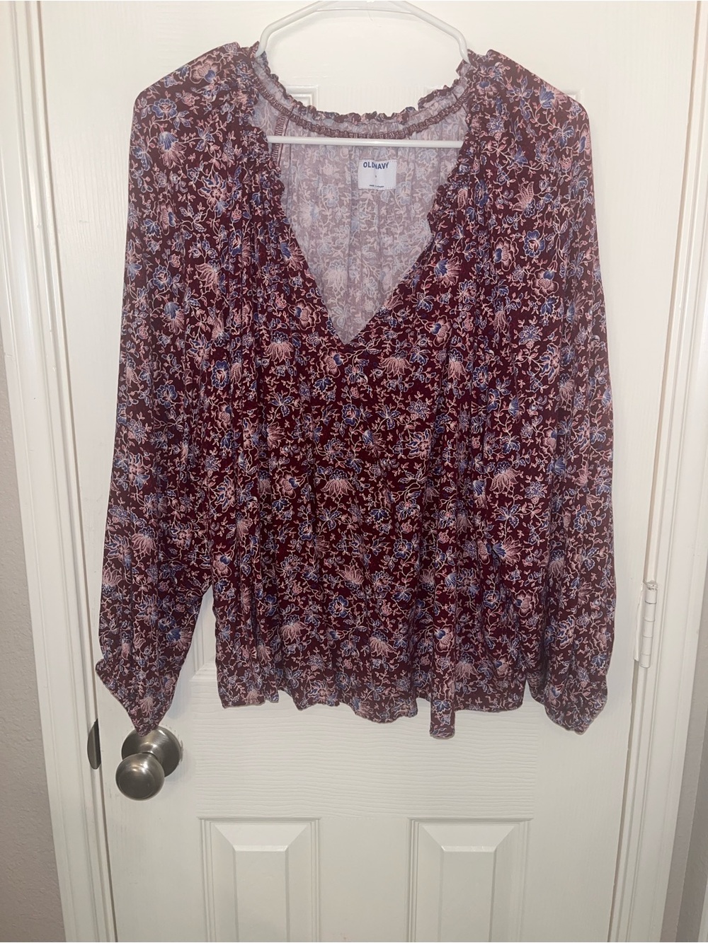 Old Navy Burgundy Floral V-Neck Peasant Blouse
